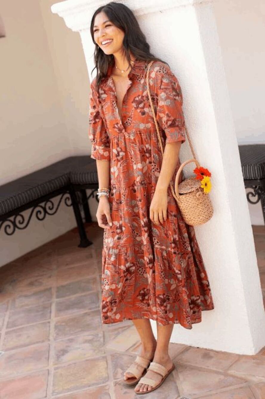 Natural Life Orange Floral Long Sleeve Rebecca Midi Dress Women's Size Large